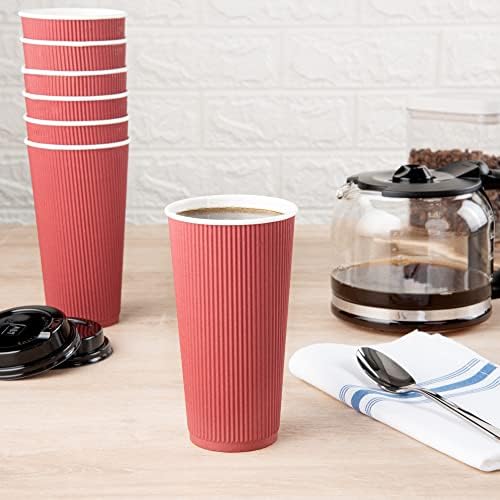 Restaurantware Ripple Wall Coffee Cups 10 Count 20 Ounce Insulated Crimson Paper Cups, Rolled Rim Spill-Resistant Disposable Paper Non-Slip for Coffee, Beverages