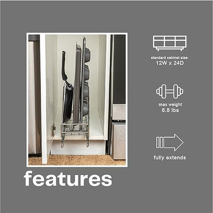 Household Essentials Glidez Multipurpose Chrome-Plated Steel Pull-Out/Slide-Out Storage Organizer for Cookware and Bakeware - Fits Standard Size Cabinet or Shelf, Chrome
