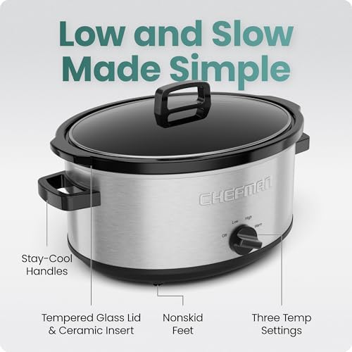 Chefman Slow Cooker 7 Quart, Large Family Size Slow Cooker with Low, High & Warm Settings, Removable Ceramic Crock, Tempered Glass Lid, Dishwasher-Safe for Easy Cleanup, Stainless Steel