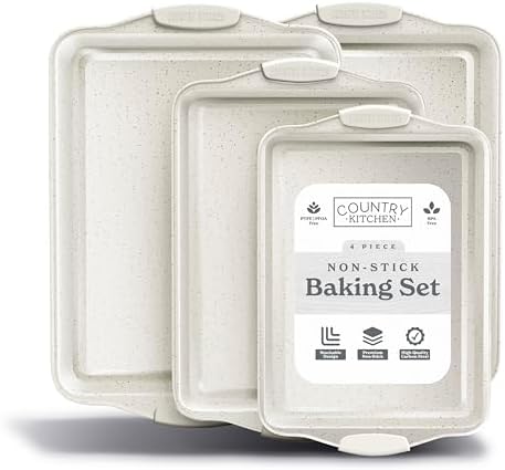 Country Kitchen Nonstick Stackable Bakeware Set - Heavy Duty, Durable, Easy Release Baking Set, Cream, 4 Pcs
