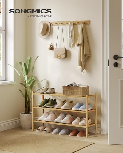 SONGMICS Bamboo Shoe Rack, 3-Tier Stackable Shoe Organizer, for 12-16 Pairs