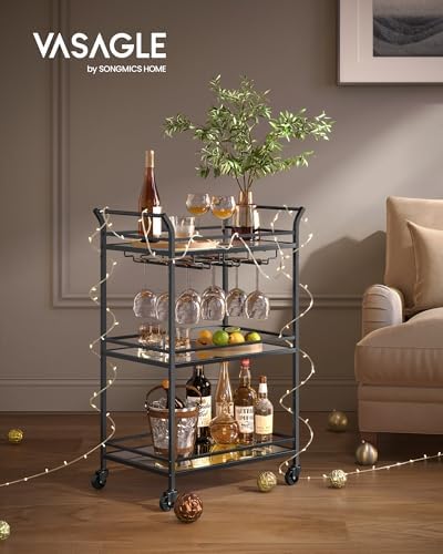 VASAGLE Bar Cart Black, Large Home Bar Serving Cart with 3-Tier
