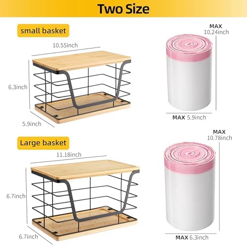 ALOCEO 2 Pack Large Garbage Bag Dispenser for 13/30/33 Gallon Bags, Potato and Onion Storage Baskets with Bamboo Lid, Stainless Steel Stackable Storage Bins for Kitchen Laundry Pantry Room