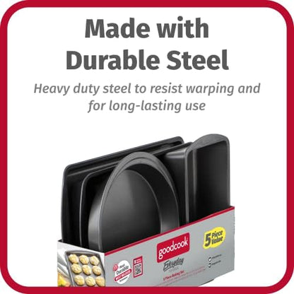 GoodCook Everyday Nonstick Steel 5-Piece Bakeware Set, Gray, Includes Cookie Sheet, Cake Pan, Loaf Pan, Muffin Pan, and Roast Pan, Durable and Scratch-Resistant Baking Set