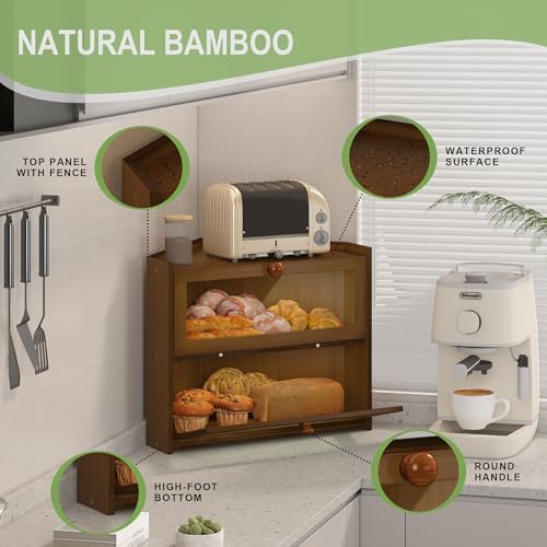 JANSNIMEN Corner Bread Box for Kitchen Countertop Bamboo Bread Holder Large