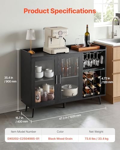 VEVOR Wine Cabinet, Coffee Bar Cabinet with 9 Wine Bottle Racks, Modern Buffet Sideboard with Glass Holder, Adjustable LED Brightness, for Home Kitchen, Living Room, Dining Room, Black Wood Grain