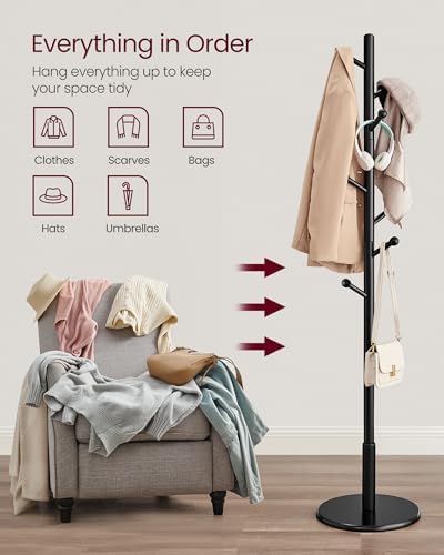 VASAGLE Solid Wood Coat Rack, Free Standing, 8 Hooks, 3 Height Options