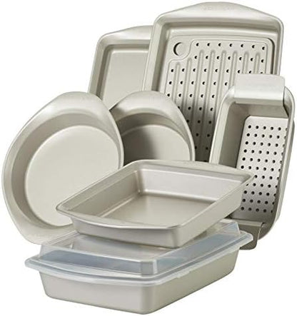 Rachael Ray Nonstick Bakeware Set without Grips includes Nonstick Bread Pan, Baking Pans, Cake Pans, Cookie Sheet / Baking Sheet - 10 Piece, Silver