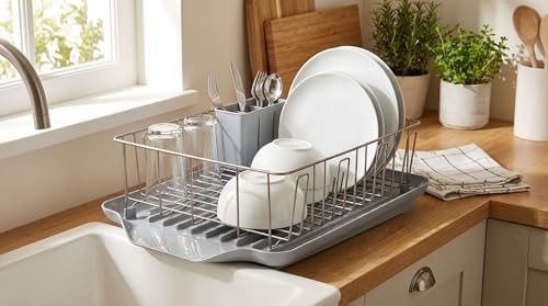 Farberware Classic 3-Piece Dish Drying Rack Set, Gray - Rust-Resistant Dish Rack for Kitchen Counter with Self-Draining Board and Flatware Caddy