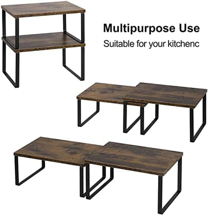 NEX Kitchen Cabinet and Counter Shelf Organizer, Shelf Riser for Pantry Countertop Cupboard Desk Top, Stackable & Expandable, Set of 4, Black and Rustic Brown