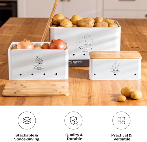 Metal Potato Onion Garlic Storage Tin Set of 3, White