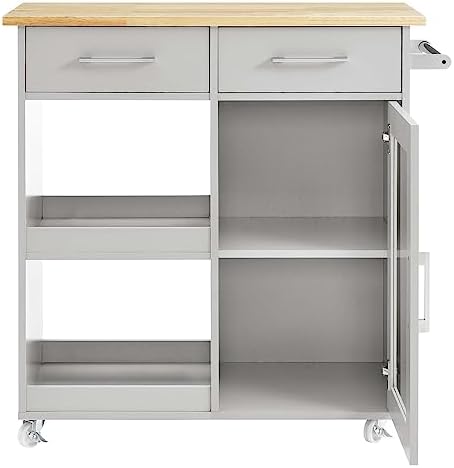 Modway Culinary Rolling Kitchen Cart with Storage in Light Gray Natural - 3 Tiers Kitchen Island on Wheels with Towel Bar, Functional as a Coffee Station, Bar Cabinet or Butcher Block Island