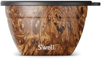 S’well Stainless Steel 64oz Salad Bowl Kit, Teakwood Finish, Includes 2oz Condiment Container and Removable Tray, Leak-Proof and Easy to Clean, Dishwasher Safe