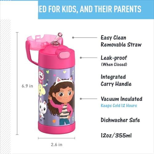 THERMOS FUNTAINER Water Bottle with Straw - 12 Ounce - Kids Stainless Steel Vacuum Insulated Water Bottle with Lid,Gabby’s Dollhouse,(Pack of 6)