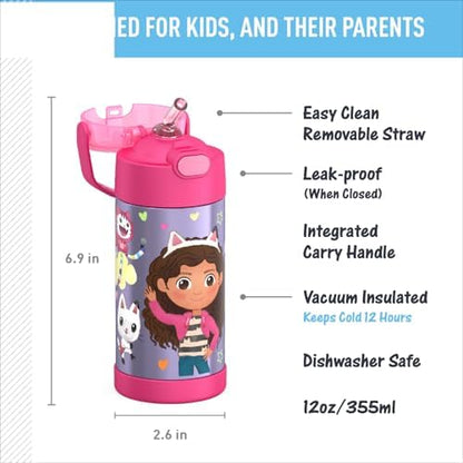 THERMOS FUNTAINER Water Bottle with Straw - 12 Ounce - Kids Stainless Steel Vacuum Insulated Water Bottle with Lid,Gabby’s Dollhouse,(Pack of 6)