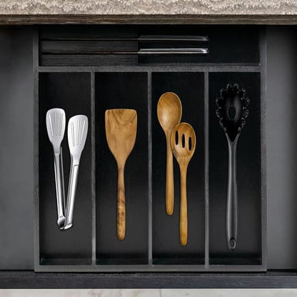 VaeFae Bamboo Silverware Drawer Organizer, 5 Slots, Black