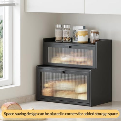 Double Layer Bamboo Bread Box for Kitchen Counter,Bread Holder,Countertop Bread Storage with Window (Black)