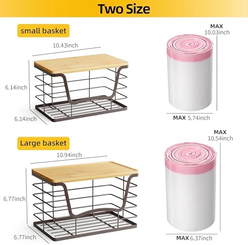 ALOCEO 2 Pack Stackable Wire Storage Basket with Bamboo Lid, Stainless Steel Extra Large Trash Bag Dispenser Roll Holder for Kitchen Sink, Laundry, Pantry Organizer and Storage, Brown
