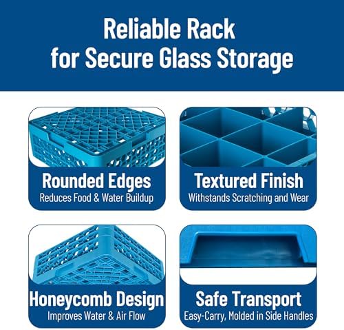 Carlisle FoodService Products OptiClean 9 Compartment Glass Racks for Restaurants with 2 Extenders - Glass Racks for Large Brandy Snifters, Grande Margaritas, Carafes, Wide Diameter, Blue, (Pack of 3)