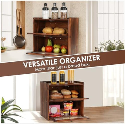 Sunhoo Bread Box for Kitchen Countertop Wooden Bread Storage Container Bin 2 Layer Breadbox Holder Large Capacity Keeper Vintage Farmhouse Food Organizer Pantry Shelf Acrylic Window (Brown)