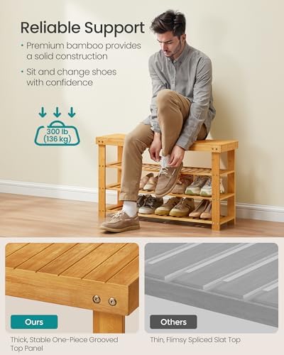 SONGMICS Shoe Rack Bench, 4 Tier Bamboo, 11.3 x 35.2 x 20.5 Inches