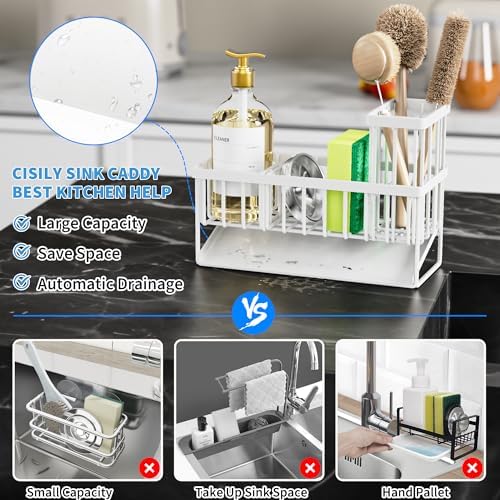 Cisily Sink Caddy Sponge Holder - Stainless Steel Rustproof, High Brush Holder, Dish Sponge Organizer with Divider (White)