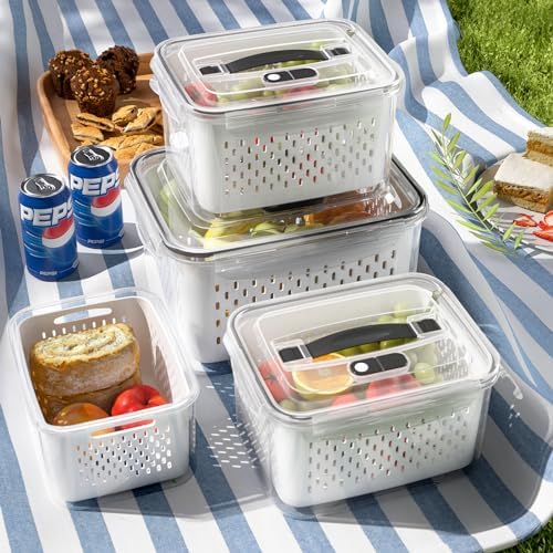 4 Pack Large Fruit Storage Containers for Fridge with vent holes and handle，Airtight Food Storage Containers Keep Fruits, Vegetables, Berry, Fresh longer,BPA-free Fridge Storage Container with Lid