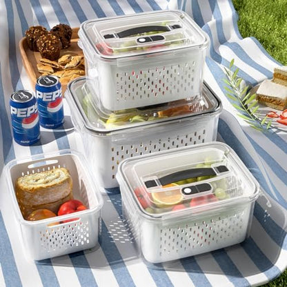 4 Pack Large Fruit Storage Containers for Fridge with vent holes and handle，Airtight Food Storage Containers Keep Fruits, Vegetables, Berry, Fresh longer,BPA-free Fridge Storage Container with Lid