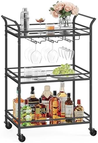 VASAGLE Bar Cart Black, Large Home Bar Serving Cart with 3-Tier