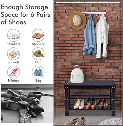 COSTWAY 3-Tier Shoe Rack Bench, Free Standing Wood Entryway Shoe Storage Organizer, Bamboo Storage Shelf for Shoes,Ideal for Home Entryway, Hallway