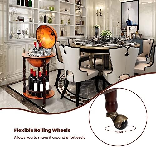 COSTWAY Globe Wine Bar Cabinet, Italian Replica Bar Cart with Wheels and Liquor Bottle Shelf, Solid Wood Wine Bar Stand for Home, Kitchen, Bar, Pub (Brown)