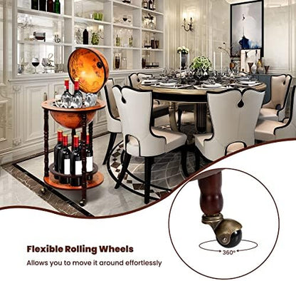 COSTWAY Globe Wine Bar Cabinet, Italian Replica Bar Cart with Wheels and Liquor Bottle Shelf, Solid Wood Wine Bar Stand for Home, Kitchen, Bar, Pub (Brown)
