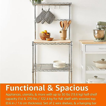 Amazon Basics Kitchen Storage Baker's Rack with Removable Wood Top, Chrome/Beige, 24"W x 59"H x 18"D