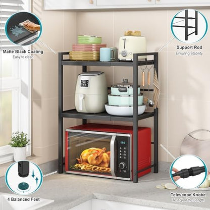 DOLALIKE Microwave Oven Rack, Expandable Microwave Stand Countertop Kitchen Utensils Tableware Storage, Carbon Steel Over Microwave Shelf Countertop with 3 Hooks