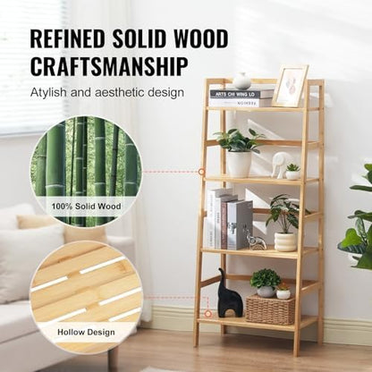 VEVOR 4-Tier Bamboo Ladder Shelf, Trapezoid Open Bookcase, Display Storage Rack Organizer, Freestanding Flower Plant Stand, Ladder Bookshelf Ideal for Bathroom, Bedroom, Office, Study, Natural