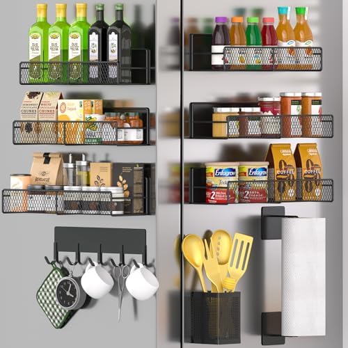 Magnetic Spice Rack for Refrigerator, 10 Pack 100% Metal Strong Magnet Shelf, Moveable Spice Organizer W/ Adjustable Paper Towel Holder, Hook Rack & Utensil Caddy, Home Kitchen Laundry Storage, Black