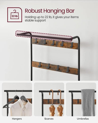 VASAGLE Coat Rack, Hall Tree with Shoe Bench, 4-in-1, 9 Removable Hooks