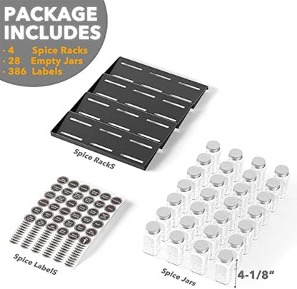 SpaceAid Spice Drawer Organizer with 28 Spice Jars, 386 Spice Labels, 4 Tier Seasoning Rack Tray Insert for Kitchen Drawers, 13" Wide x 17.5" Deep (Pack of 2)