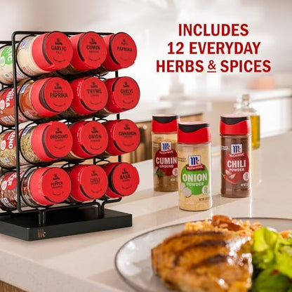 McCormick Spice Rack, Essentials Collection, Black Metal Spice Rack Organizer with 12 Spices Included, Great Gift for Housewarming, Wedding & Bridal Shower, 12 count