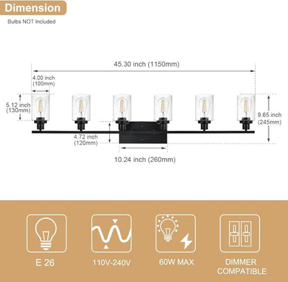 WINSHEN 6-Light Seeded Glass Vanity Light Fixtures in Matte Black Finish