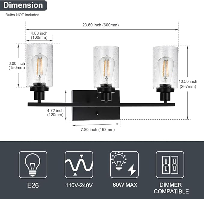 WINSHEN Wall Sconce Lighting 3-Light Matte Black Bathroom Vanity Light Fixtures
