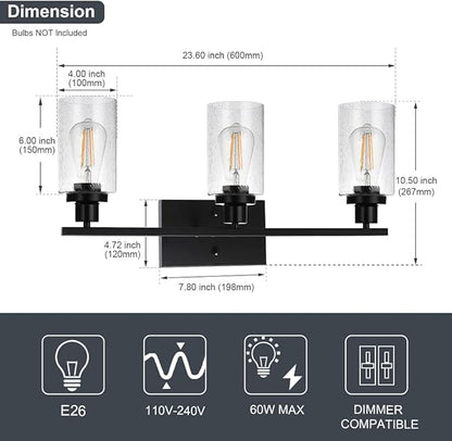 WINSHEN Wall Sconce Lighting 3-Light Matte Black Bathroom Vanity Light Fixtures
