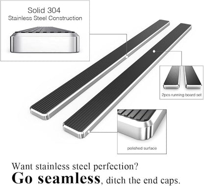 APS Premium 5in 304 Stainless Steel Running Boards Compatible with Chevy Silverado GMC Sierra Crew Cab 19-26