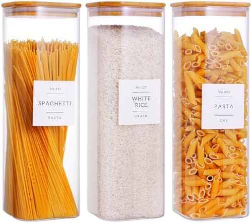 CZZGSM 3 Pack Square Kitchen Storage Jars with Airtight Bamboo Lids and 132 Pantry Labels - 80oz Glass Canisters with Wood Lids - Food Storage Containers for Spaghetti, Pasta, Fettuccine