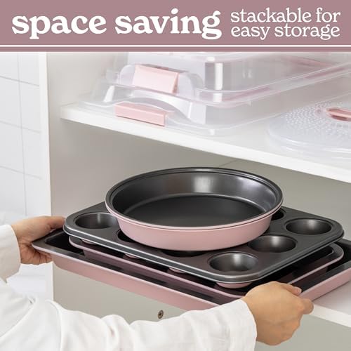 Country Kitchen Baking Pans Set - 10 Piece Non-Stick Cake Pans with Carry Lids for Easy Storage & Travel, Perfect for Parties - Stackable, Pink