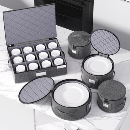 YearningHome China Storage Containers,4 Piece Set,Hard Shell Moving Boxes for Dishes,Plate,Dinnerware,Saucers Quilted Organizer Dividers for Packing Fine China Storage Containers,Grey