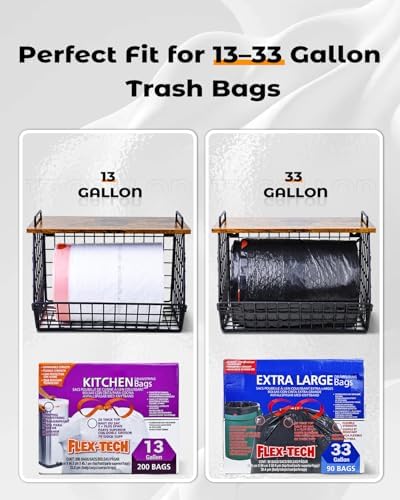 Extra Large Trash Bag Holder Under Sink, Wall Mounted Garbage Bag Dispenser Roll Holder for 13/33 Gallon Trash Bags, Kitchen/Pantry/Laundry Room Organization Basket Storage Bin, Tool-Free Assembly
