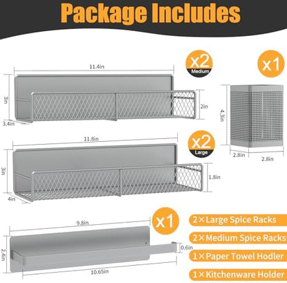 Magnetic Spice Rack for Refrigerator, 6 Pack Metal Magnetic Shelf Grey, Moveable Spice Organizer, Strong Magnetic Storage Fridge Organizer with Paper Towel Holder, Utensils Holder
