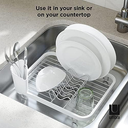 Umbra Sinkin Dish Drying Rack, in Sink or Countertop Drainer, White/Nickel