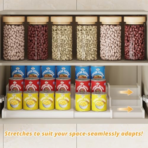 3-Tier Expandable Bamboo Can Organizer for Pantry, Holds 24 Cans, White